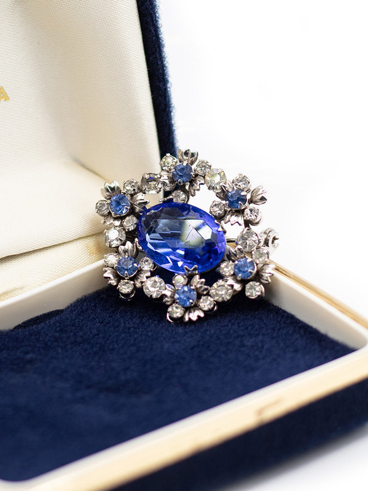 Vintage 60's Sapphire Blue Rhinestone Floral Wreath Brooch