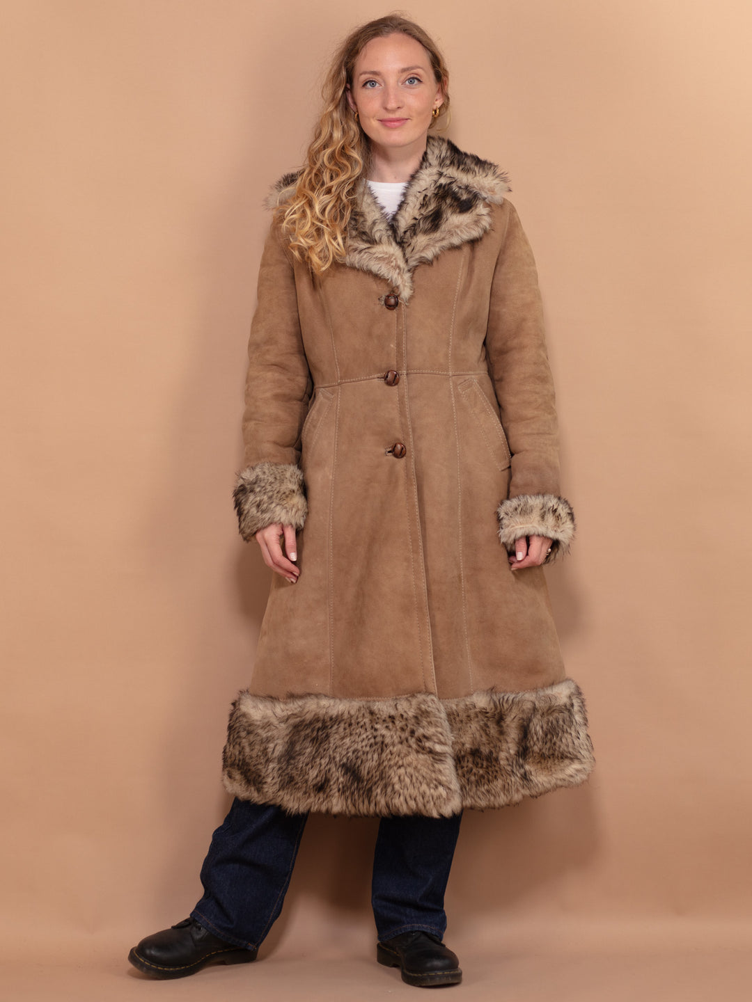 Penny Lane Coat 70's, Size Small XS, Luxurious Shearl Coat, Sheepskin Suede Shearling Wool, Boho Hippie Overcoat, Penny Lane Fur Coat