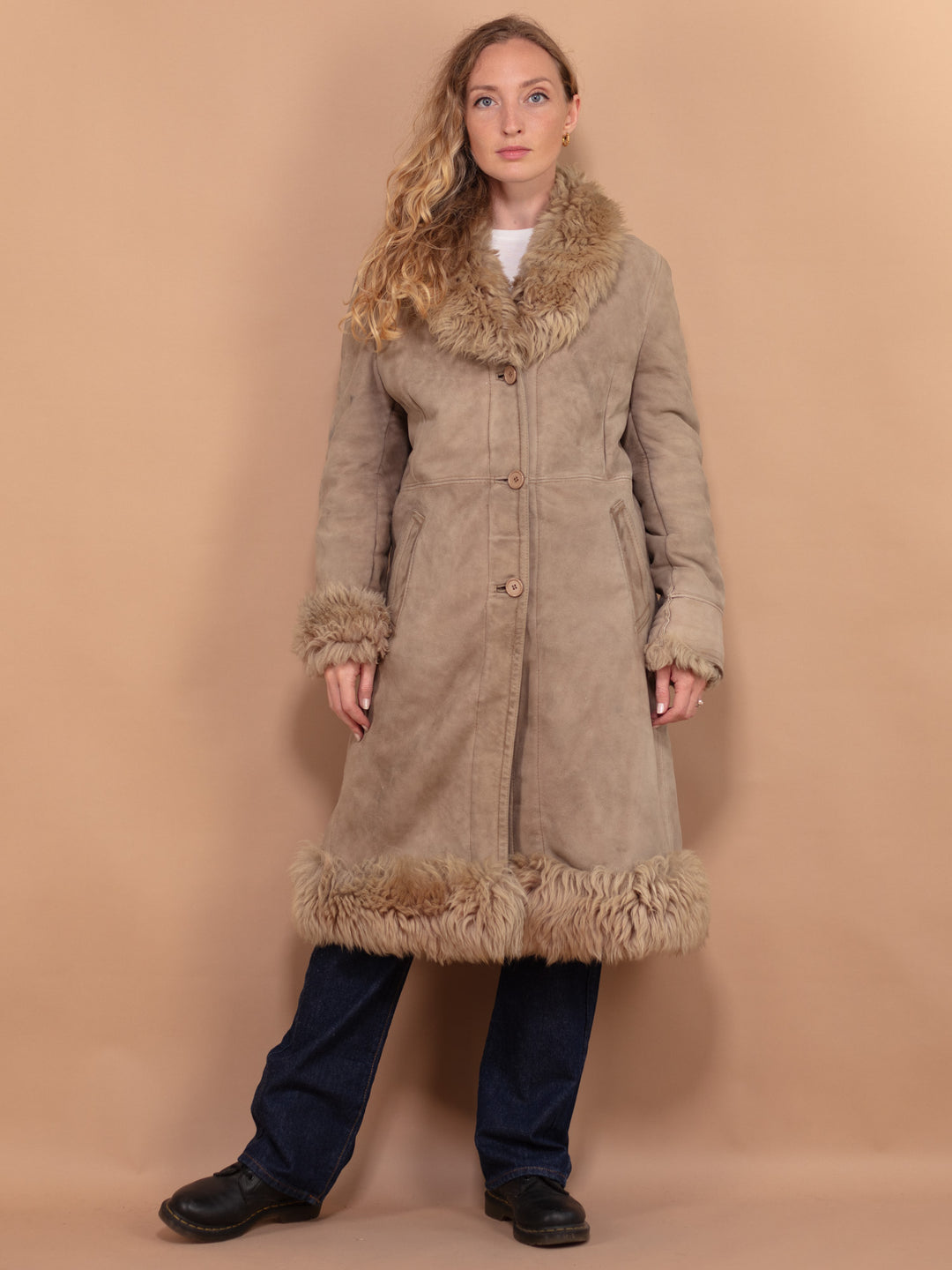 Penny Lane Sheepskin Coat 70s, Size S Small, Shearling Suede Coat, Boho Style Sheepskin Overcoat, Vintage Outerwear, Sustainable Clothing