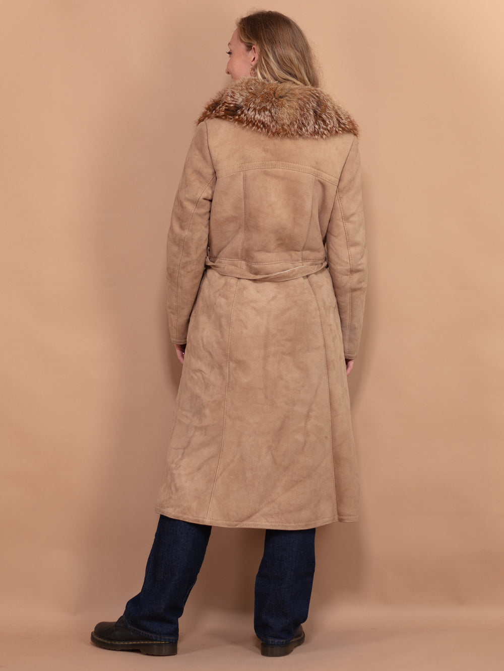 Vintage 70's Women Belted Sheepskin Longline Coat in Beige - NorthernGrip