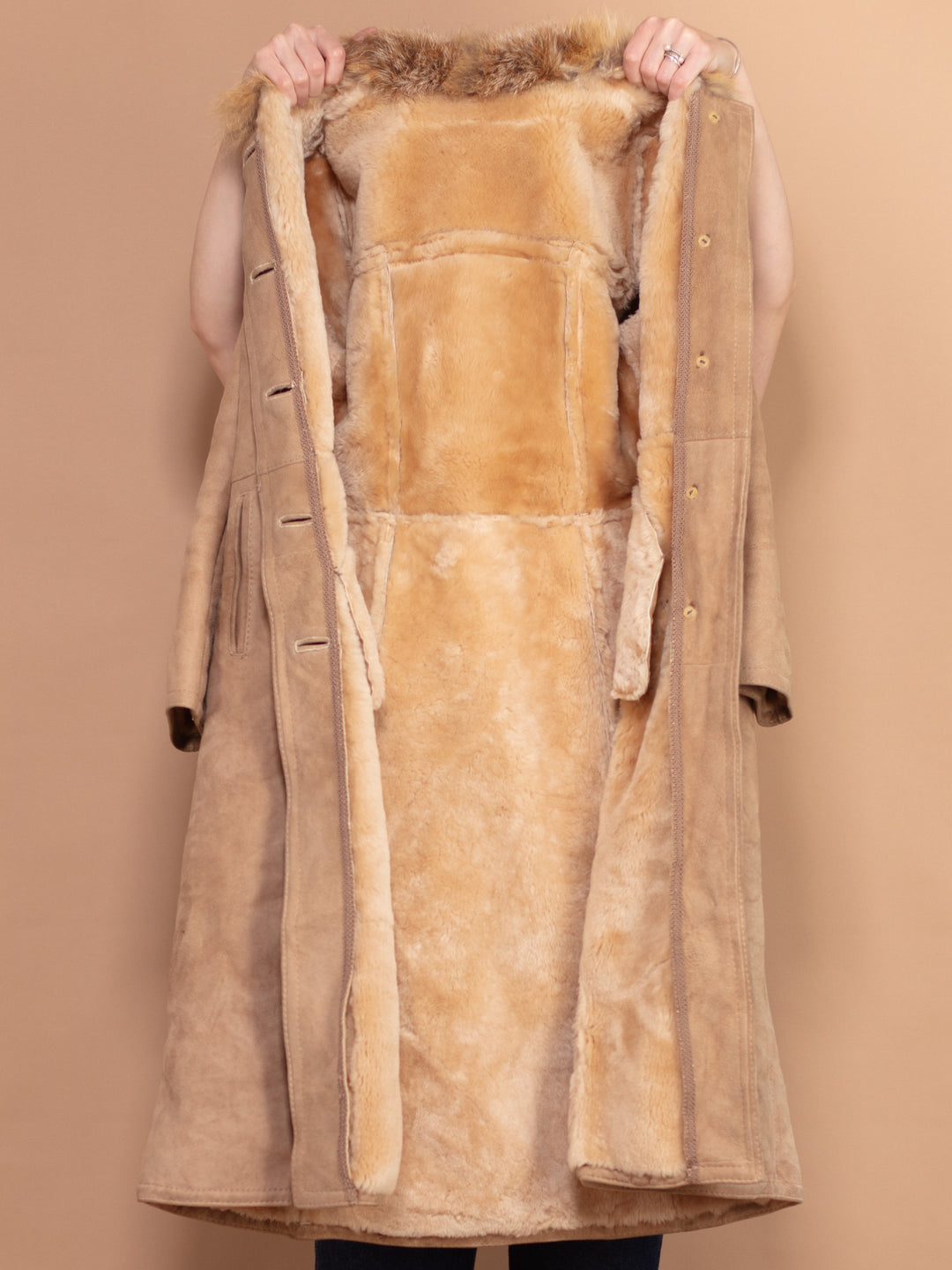 Sheepskin Fur Coat 70's, Size Small, Sheepskin Fur Coat, Beige Sheepskin Winter Coat, Sheepskin Suede Long Coat, Boho Western Hippie Coat