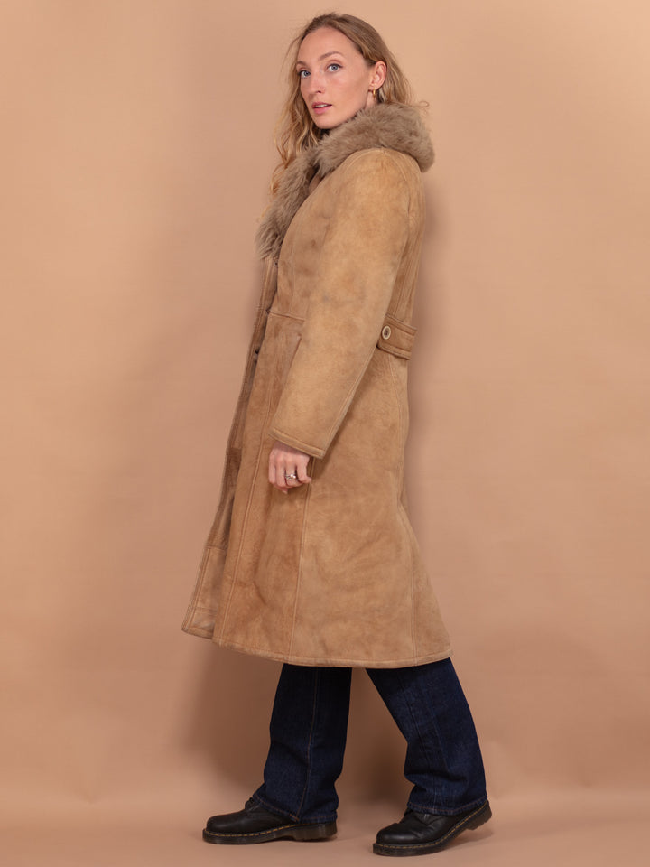 Sheepskin Shearl Coat, Size Small, Beige Fur Coat, 70s Beige Sheepskin Winter Coat, Sheepskin Suede Coat, Boho Western Hippie Style Coat