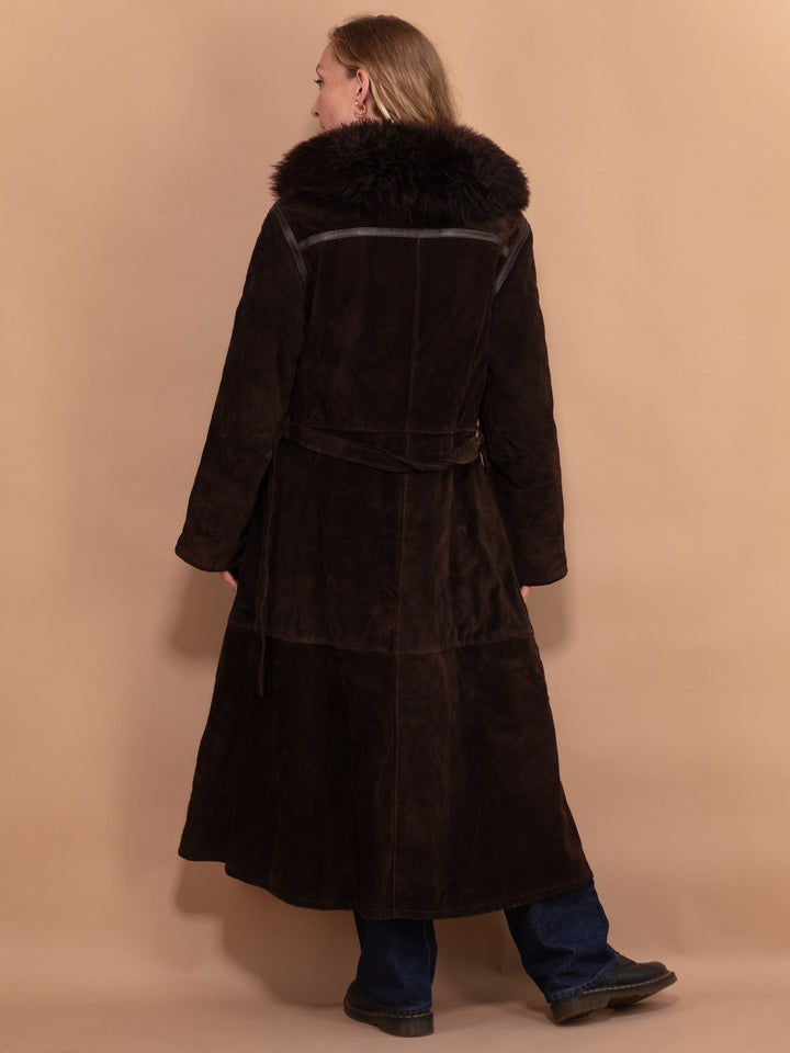 Suede Long Coat 70s, Size Medium, Genuine Suede Coat, Shearling Trim Coat, Hippie Boho Coat, Penny Lane,Vintage Western Sustainable Clothing