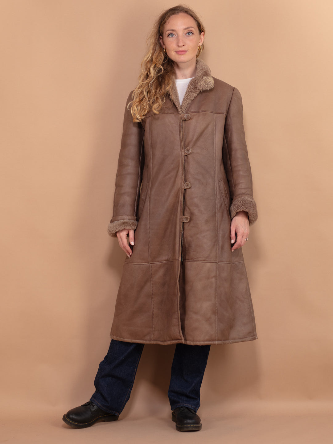 Sheepskin Long Coat, Size Medium Warm Shearling Fur Coat, Brown Sheepskin Overcoat, Sheepskin Longline Coat, Penny Lane, Western Outerwear