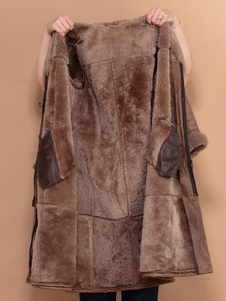 Sheepskin Long Coat, Size Medium Warm Shearling Fur Coat, Brown Sheepskin Overcoat, Sheepskin Longline Coat, Penny Lane, Western Outerwear