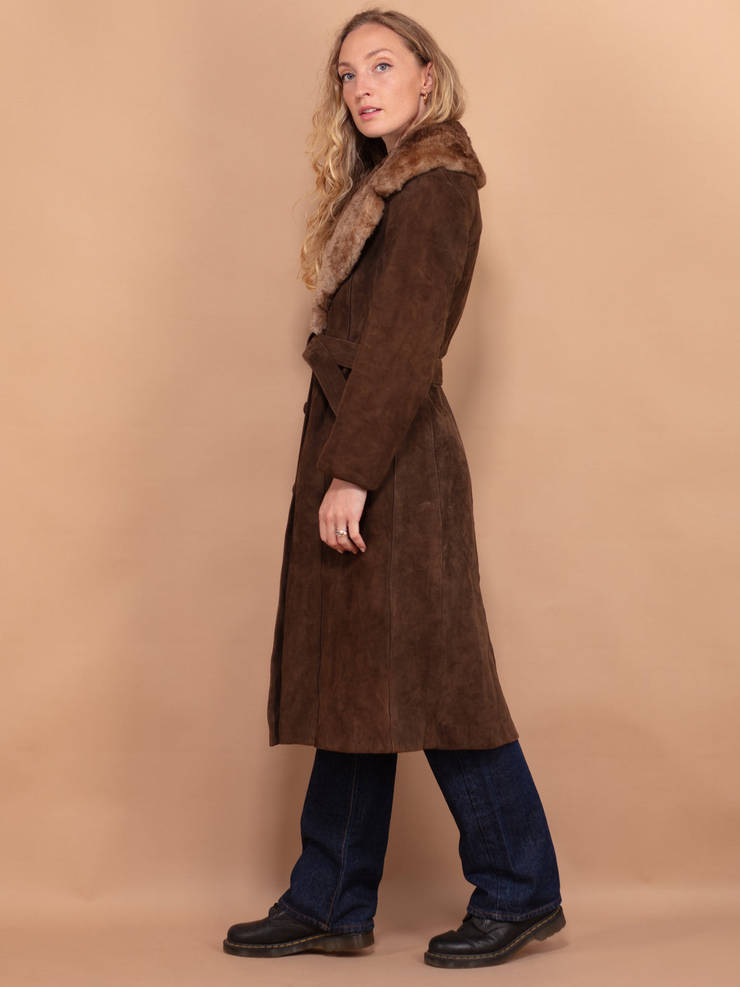 Suede Long Coat 70s, Size Small, Genuine Suede Coat, Shearling Trim Coat, Hippie Boho Coat, Vintage Sustainable Clothing, Made In England