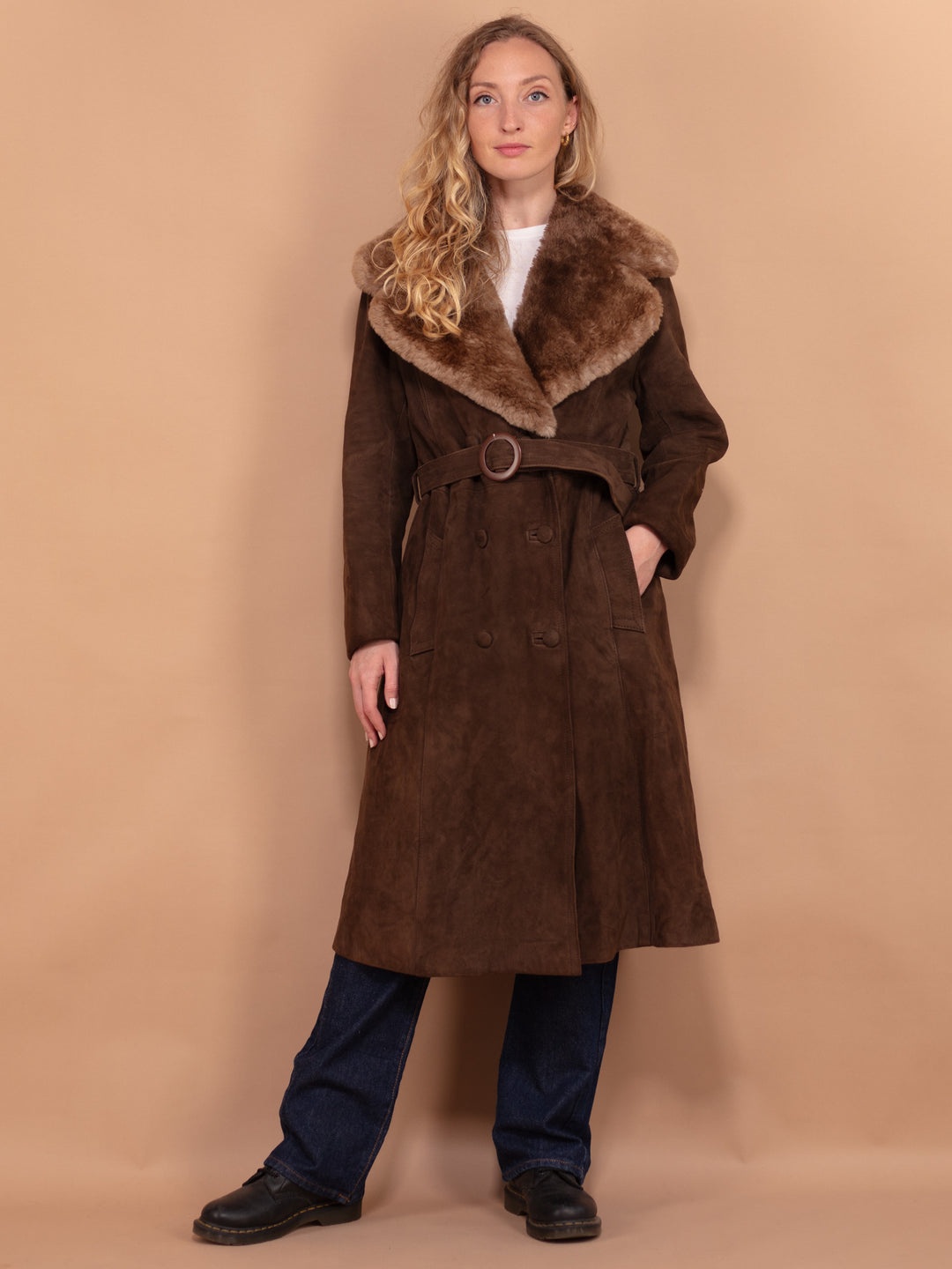 Suede Long Coat 70s, Size Small, Genuine Suede Coat, Shearling Trim Coat, Hippie Boho Coat, Vintage Sustainable Clothing, Made In England