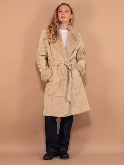 Women Beige Fur Collar Coat 00's, Size Medium, Patchwork Suede Coat, Wrap Coat, Vintage Fall Clothing, Autumn Overcoat, Outerwear