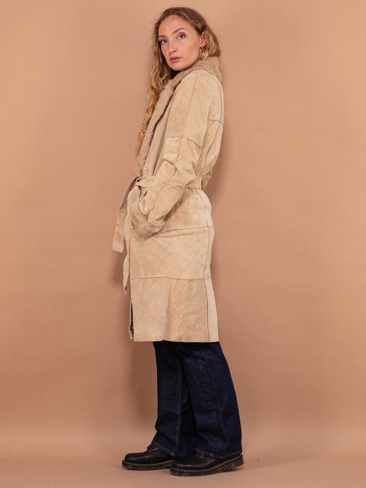 Women Beige Fur Collar Coat 00's, Size Medium, Patchwork Suede Coat, Wrap Coat, Vintage Fall Clothing, Autumn Overcoat, Outerwear