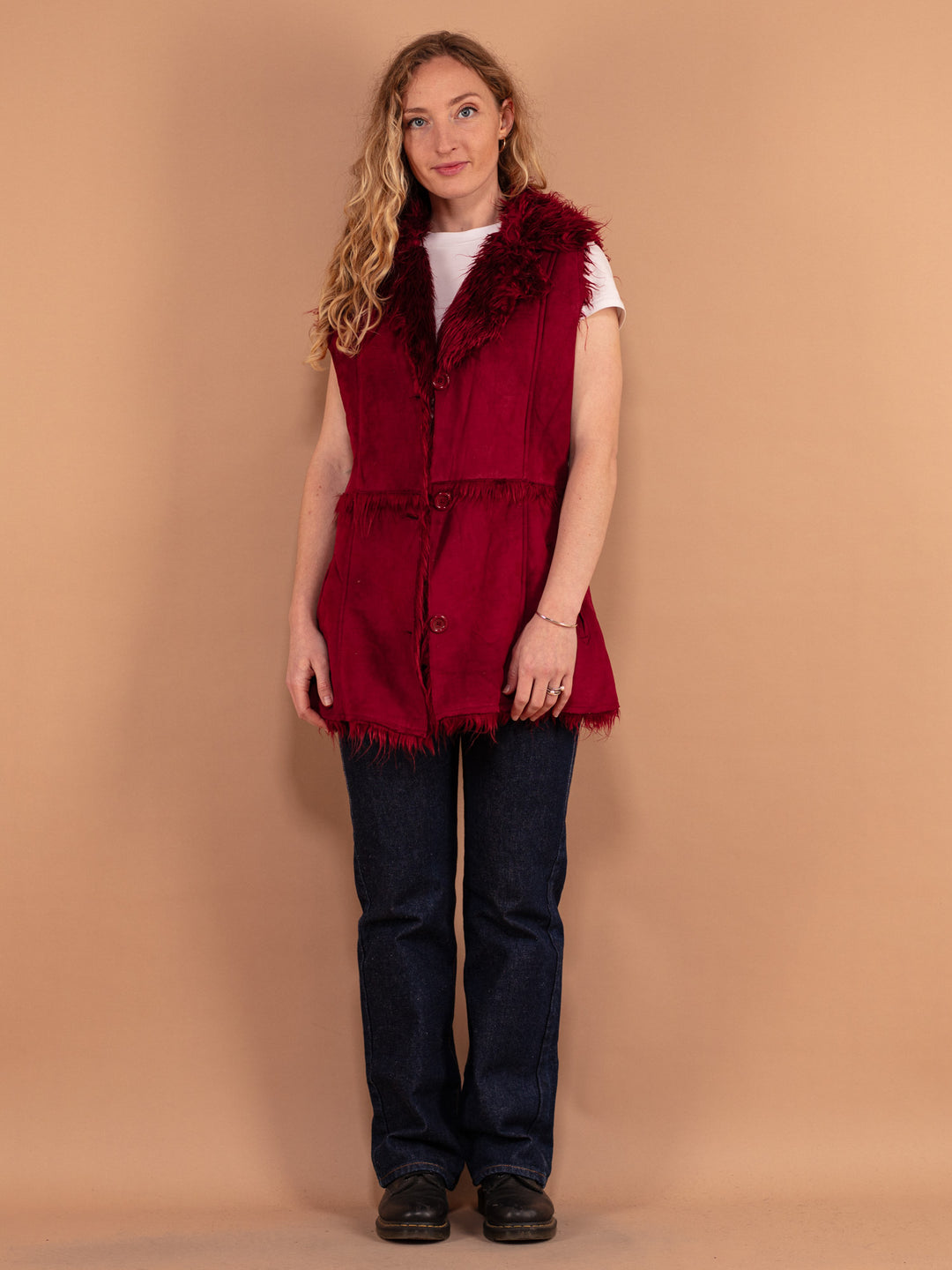 Y2K Burgundy Red Sherpa Vest, Size Medium, 00s Faux Fur Trim Vest, Women Button Up Longline Vest, Winter Waistcoat, Sleeveless Jacket