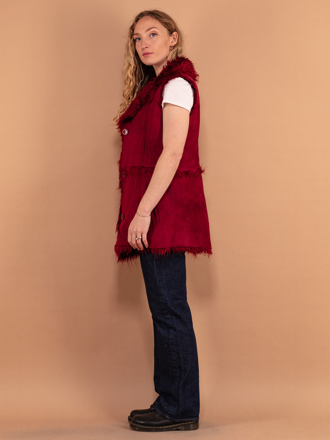 Y2K Burgundy Red Sherpa Vest, Size Medium, 00s Faux Fur Trim Vest, Women Button Up Longline Vest, Winter Waistcoat, Sleeveless Jacket