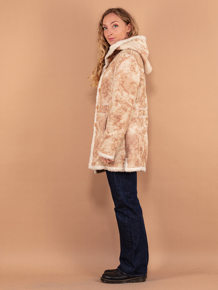 Y2K Hooded Sherpa Coat, Size Medium, 00's Women Beige Acid Wash Coat, Faux Sheepskin Coat with Faux Wool Trim, Lightweight Autumn Coat