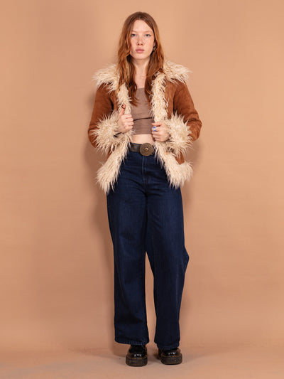 Penny Lane Jacket 00s, Size S Small, Brown Faux Sheepskin Sherpa Coat, Faux Fur Trimmed Afghan Coat, Boho Hippie Jacket, Y2K Fashion