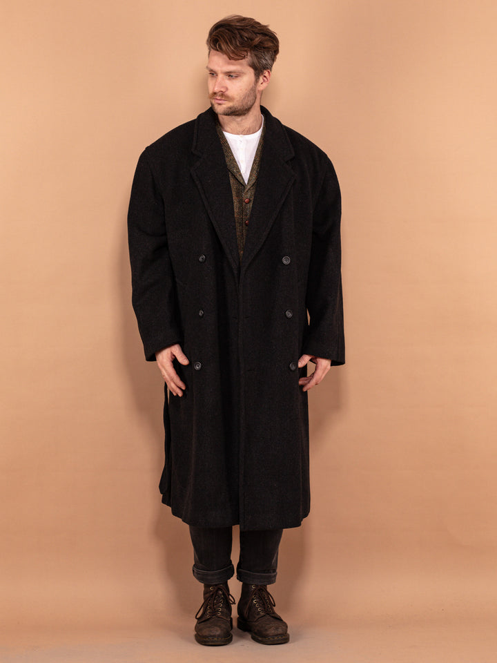 Men Belted Wool Coat 00's, Size XL, Long Wool Blend Overcoat, Classic Minimalist Coat, Dark Gray Vintage Greatcoat, Elegant Menswear