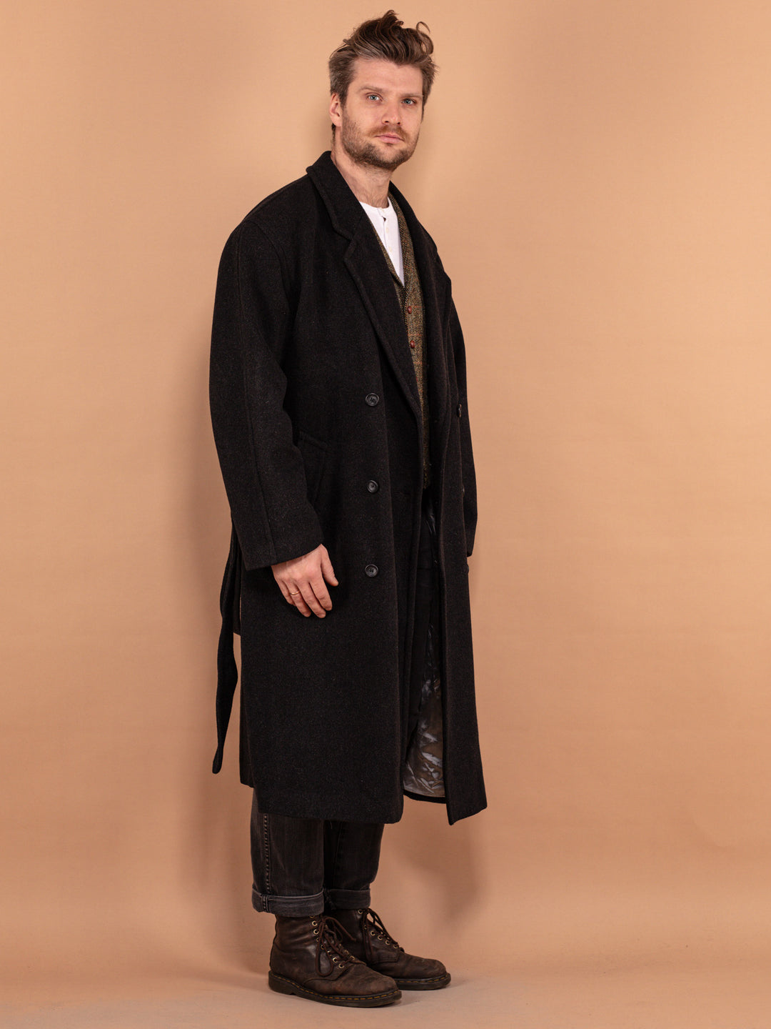 Men Belted Wool Coat 00's, Size XL, Long Wool Blend Overcoat, Classic Minimalist Coat, Dark Gray Vintage Greatcoat, Elegant Menswear