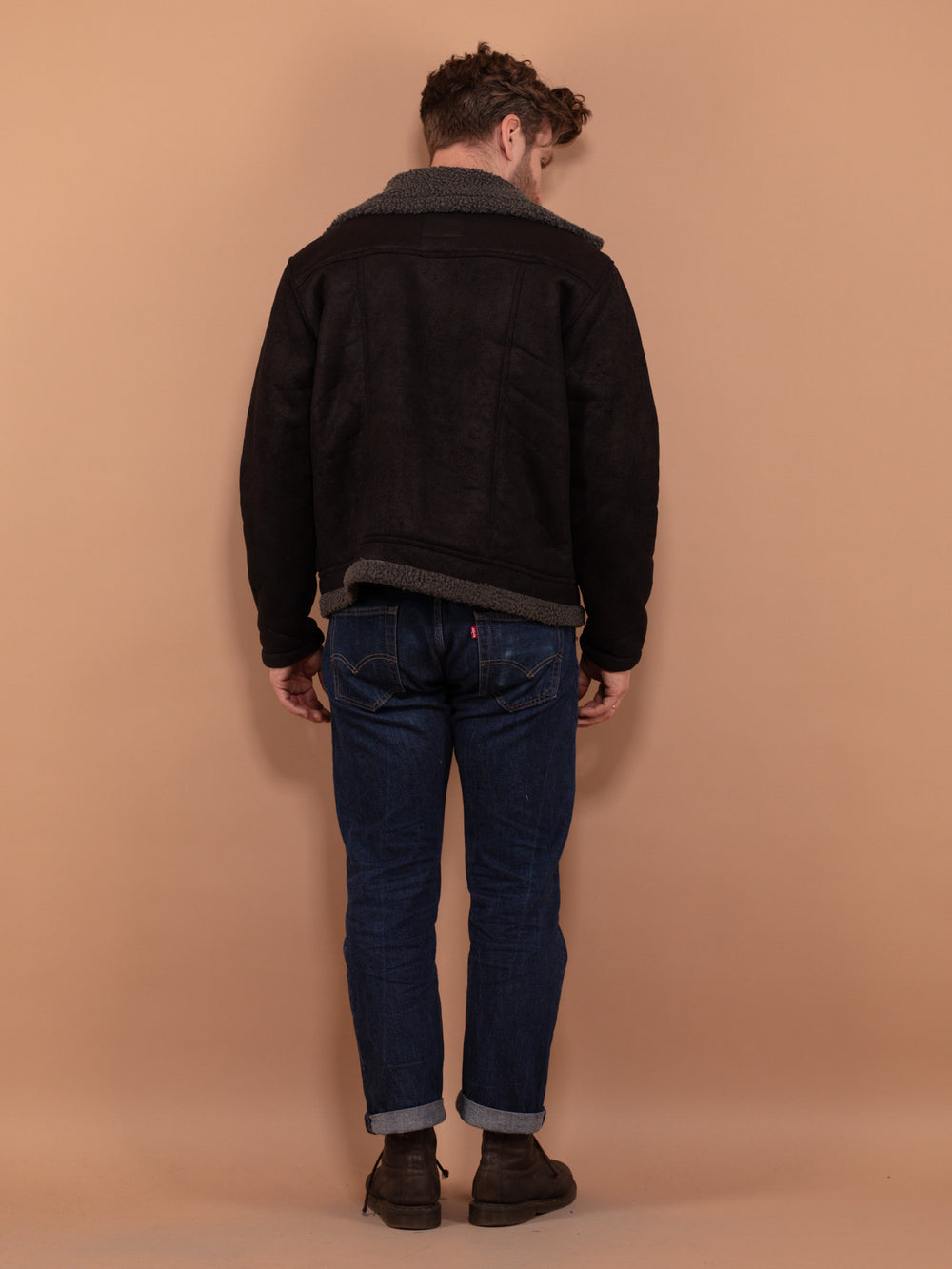Vintage 00's Men Faux Sheepskin Bomber Jacket in Black - NorthernGrip