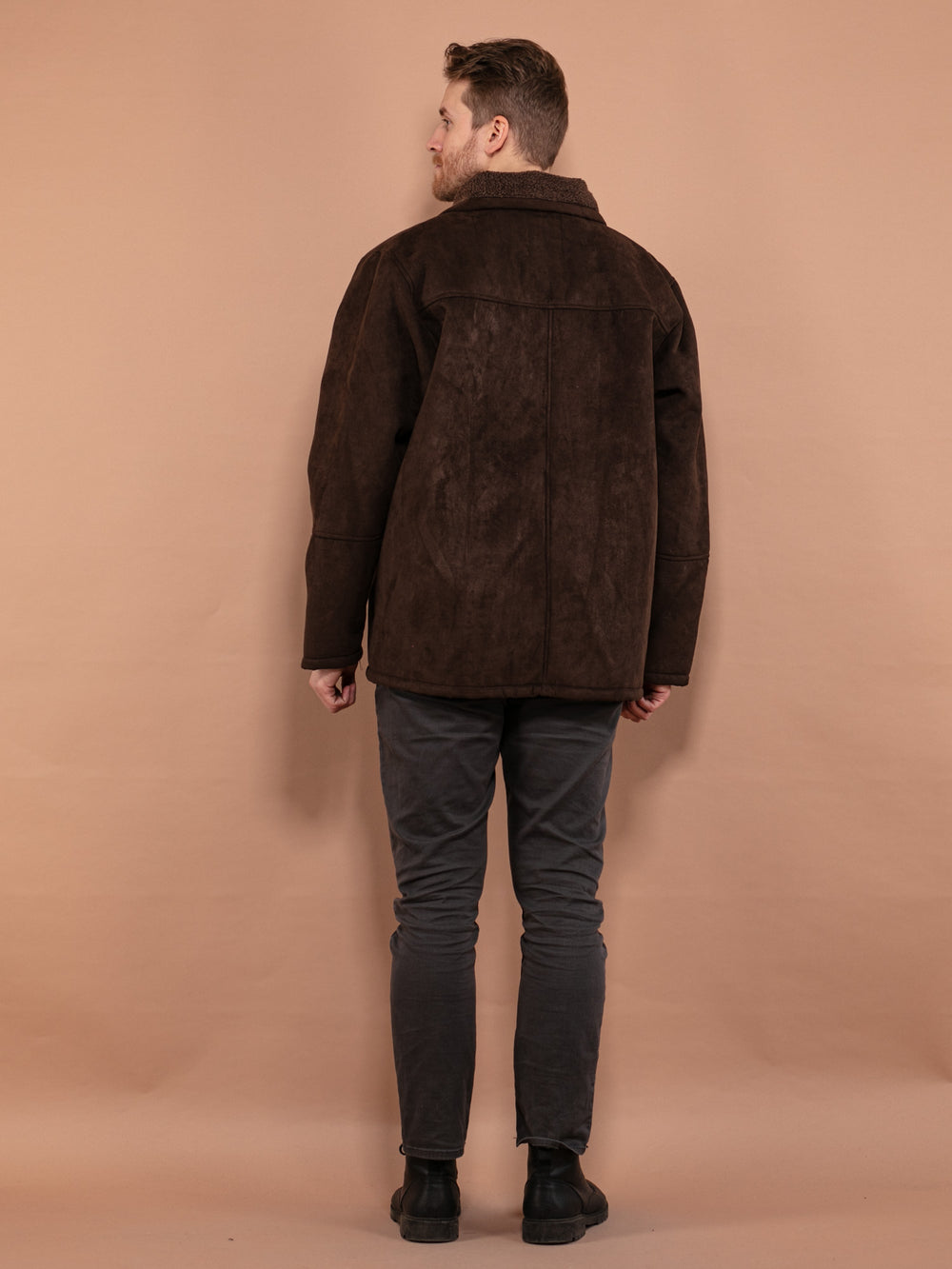 Vintage 00's Men Faux Sheepskin Coat in Dark Brown - NorthernGrip