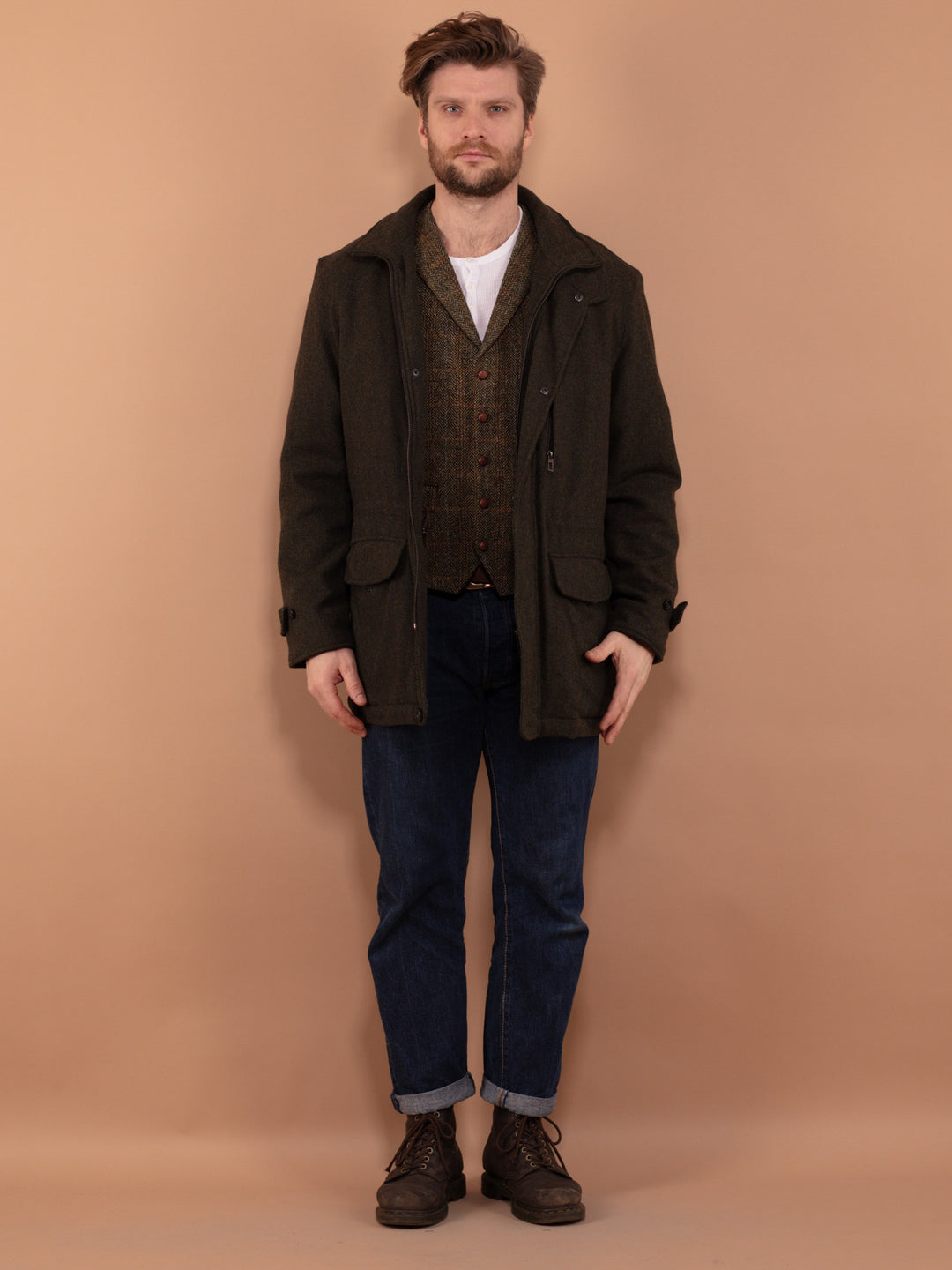 Online Vintage Store 90's Men Wool Blend Parka Jacket in Khaki