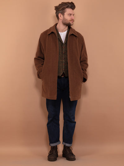 Men Wool Fleece Jacket 00's, Size XXL, Spring Clothing, Insulated Full Zip Wool Jacket, Comfy Menswear, Brown Outerwear, Oversized Jacket