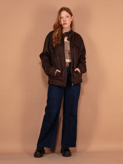 Faux Leather Jacket 00s, Size XL, Vintage Brown Oversized Women Jacket, 90s Style Outerwear, Lightweight Sherpa Lined Jacket, Unisex Jacket