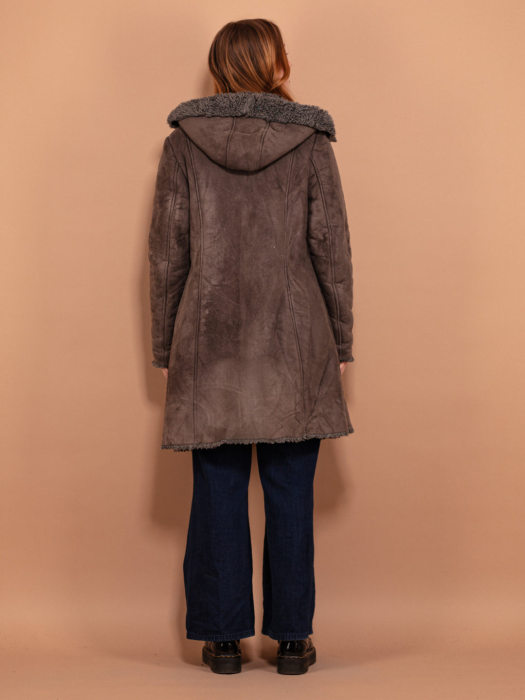 Hooded Winter Coat 00's, Size M Medium, Y2K Faux Sheepskin Coat, Gray Sherpa Lined Coat, Longline Jacket, Women Zip Up Coat, 2000's Clothing