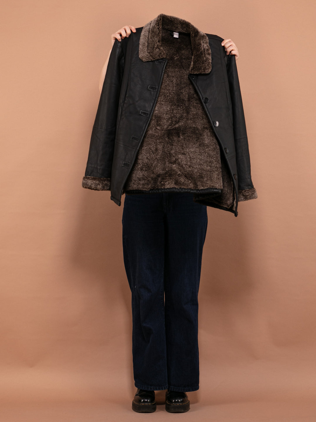 Faux Sheepskin Coat 00's, Size L Large, Y2K Women Insulated Nappa Leather Coat, Black Sherpa Coat, Faux Fur Trim Coat, Casual Outerwear