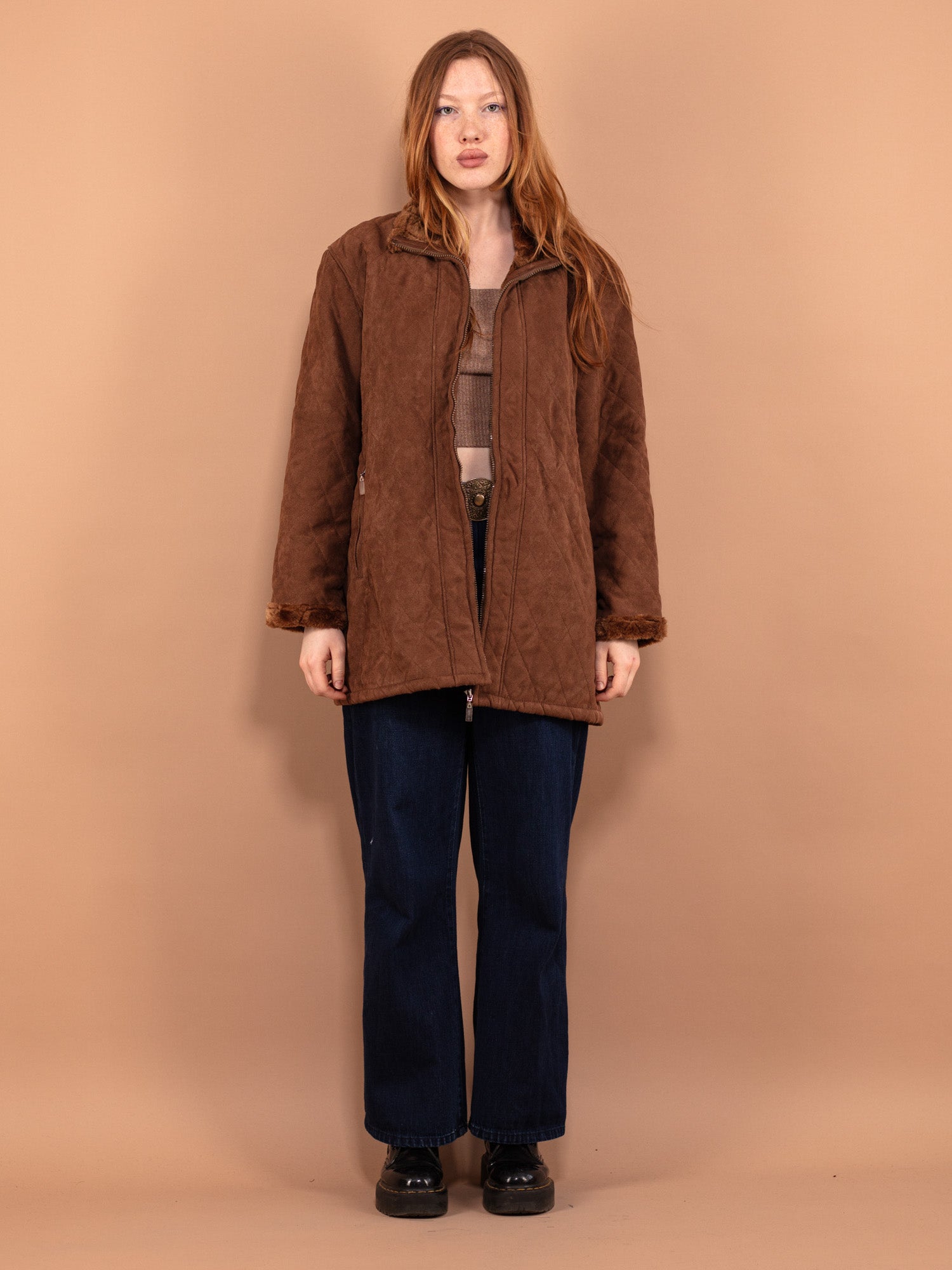 Online Vintage Store 00 s Women Quilted Faux Suede Jacket in Brown Northern Grip NorthernGrip