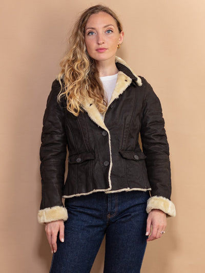 Faux Sheepskin Jacket, Size XS, Vintage 00's Leather Jacket, Leather Sherpa Jacket, Faux Shearling Bomber Jacket, Aviator Pilot Style Jacket