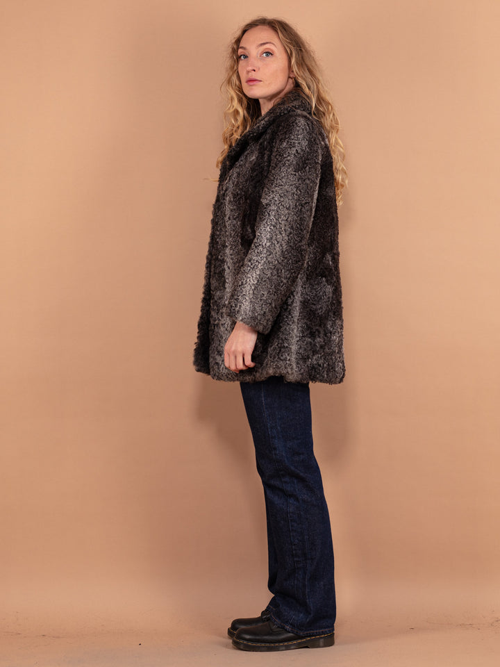 60's Karakul Fur Coat, Size XS, Vintage Persian Lamb Coat, Women Gray Winter Coat, Retro 60s Coat, Curly Real Fur Jacket, Unique Outerwear