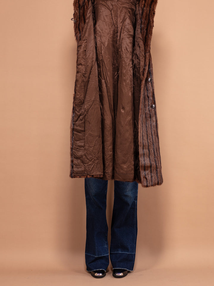 Vintage 60's Women Real Fur Overcoat in Striped Brown - NorthernGrip