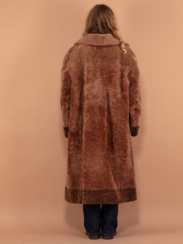 Women 60s Sheep Fur Maxi Coat, Size 3XL, Vintage Real Sheep Wool Teddy Coat, Brown Oversized Coat, Luxurious Winter Coat, 1960s Outerwear