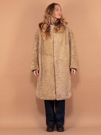 60s Sheep Wool Midi Coat, Size XL, Vintage Women Real Sheep Fur Teddy Coat, Light Beige Retro Wool Pile Winter Coat, 60s Luxurious Outerwear