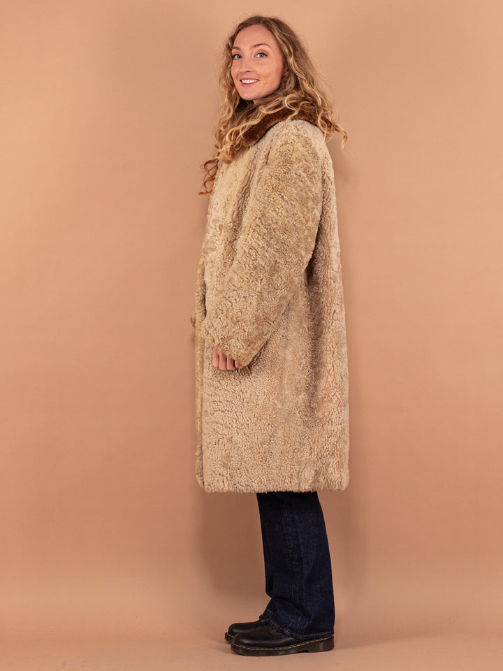 60s Sheep Wool Midi Coat, Size XL, Vintage Women Real Sheep Fur Teddy Coat, Light Beige Retro Wool Pile Winter Coat, 60s Luxurious Outerwear