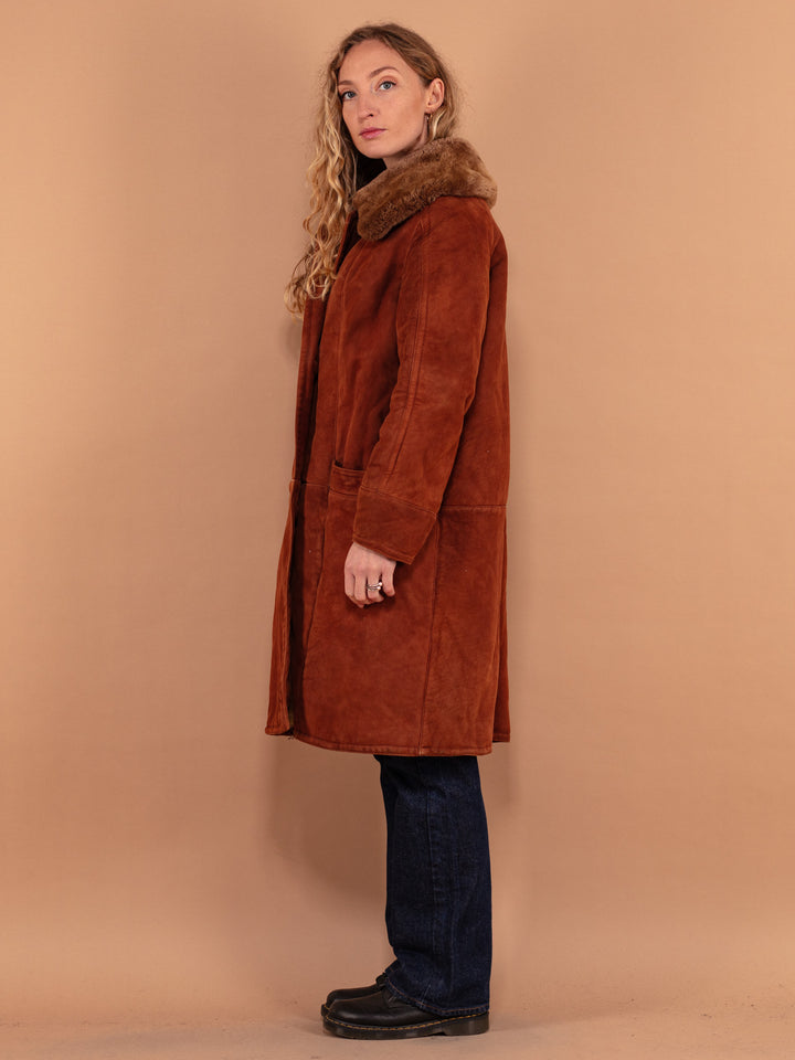 Women Sheepskin Coat 70's, Size Large, Vintage Caramel Brown Suede Coat, Sheep Skin Wool Coat, 80s Style Boho Outerwear, Cozy Suede Overcoat