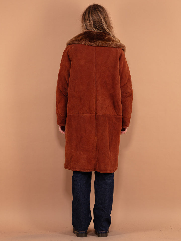 Women Sheepskin Coat 70's, Size Large, Vintage Caramel Brown Suede Coat, Sheep Skin Wool Coat, 80s Style Boho Outerwear, Cozy Suede Overcoat