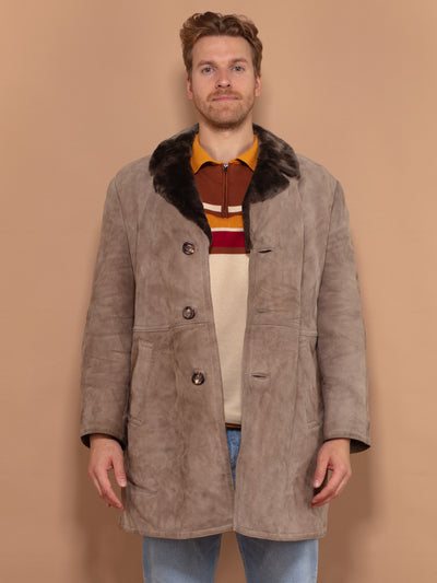 Beige Shearling Coat 70's, size Medium, Vintage Men Sheepskin Suede Coat, Collared Retro Winter Coat, Vintage Sustainable Clothing