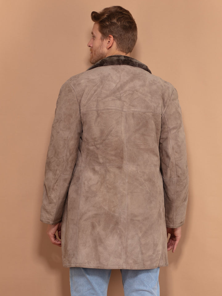 Beige Shearling Coat 70's, size Medium, Vintage Men Sheepskin Suede Coat, Collared Retro Winter Coat, Vintage Sustainable Clothing