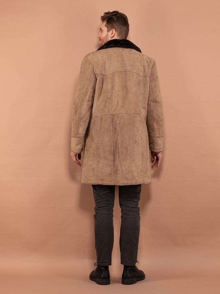 Beige Sheepskin Coat 70's, size L Large, Vintage Men Thick Shearling Suede Coat, Collared Retro Winter Coat, Sustainable Clothing, Outerwear
