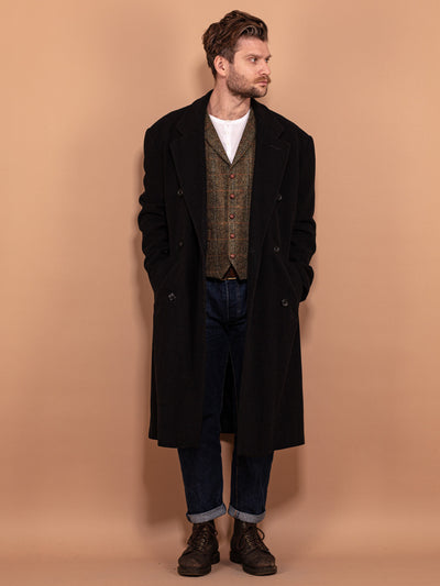 Black Wool Blend Coat 70's, Size L Large, Men Long Belted Wool Overcoat, Vintage Midi Coat, Classic Coat, Wool Outerwear, Oversized Coat
