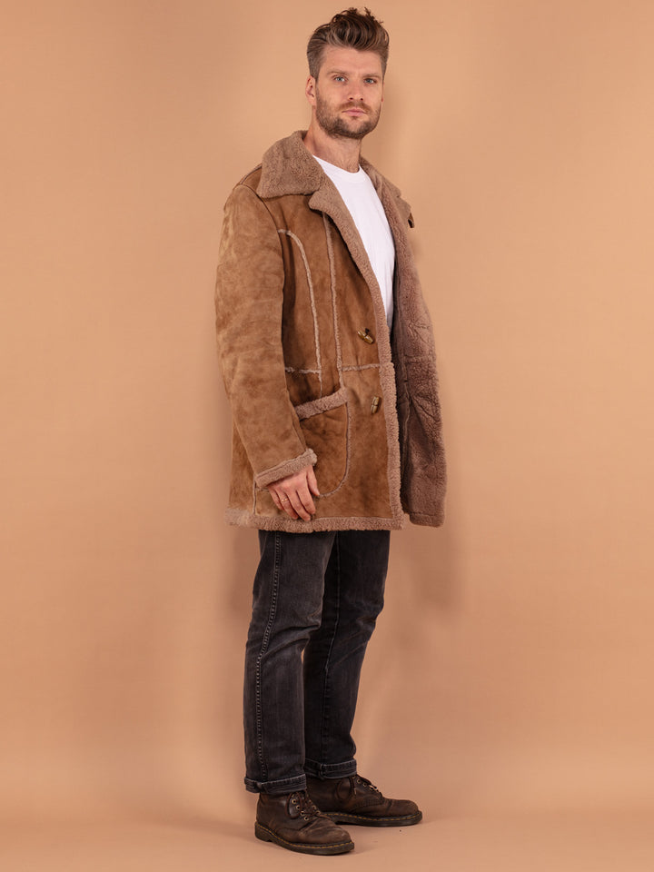 Men Boho 70's Sheepskin Coat, Size Medium, Vintage Brown Shearling Suede Coat, Cozy Thick Overcoat, Hippie Winter Coat, Made in England