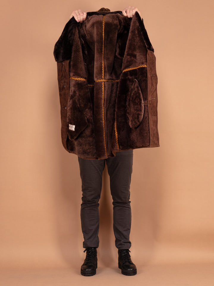 Boho Sheepskin Coat 70's, Size Large, Vintage Men Winter Suede Coat, 1970s Outerwear, Cozy Brown Shearling Coat, Soft Wool Collar Coat