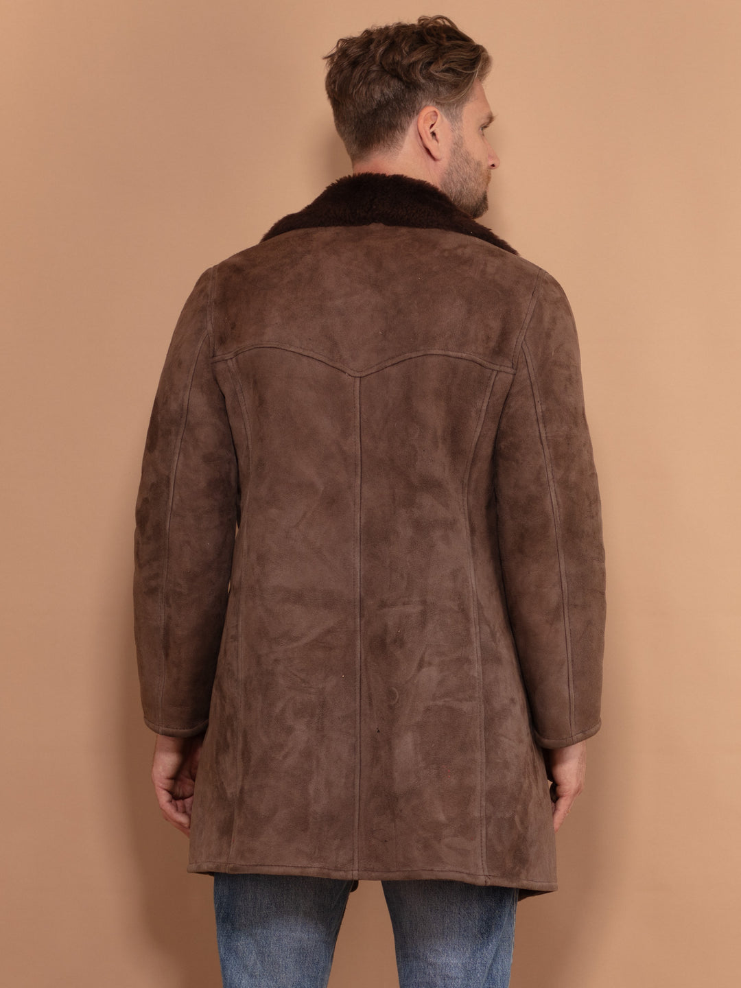 Dark Brown Sheepskin Coat 70's, Size Small, Vintage Men Western Style Coat, Double Breasted Suede Coat, Retro 70s Clothing, Winter Outerwear