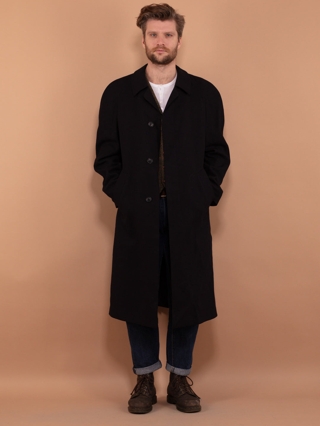 Long Wool Topcoat 70's, Size L Large, Old Fashioned Loden Wool Coat, Vintage Men Clothing, Virgin Wool Spring Overcoat, Elegant Midi Coat