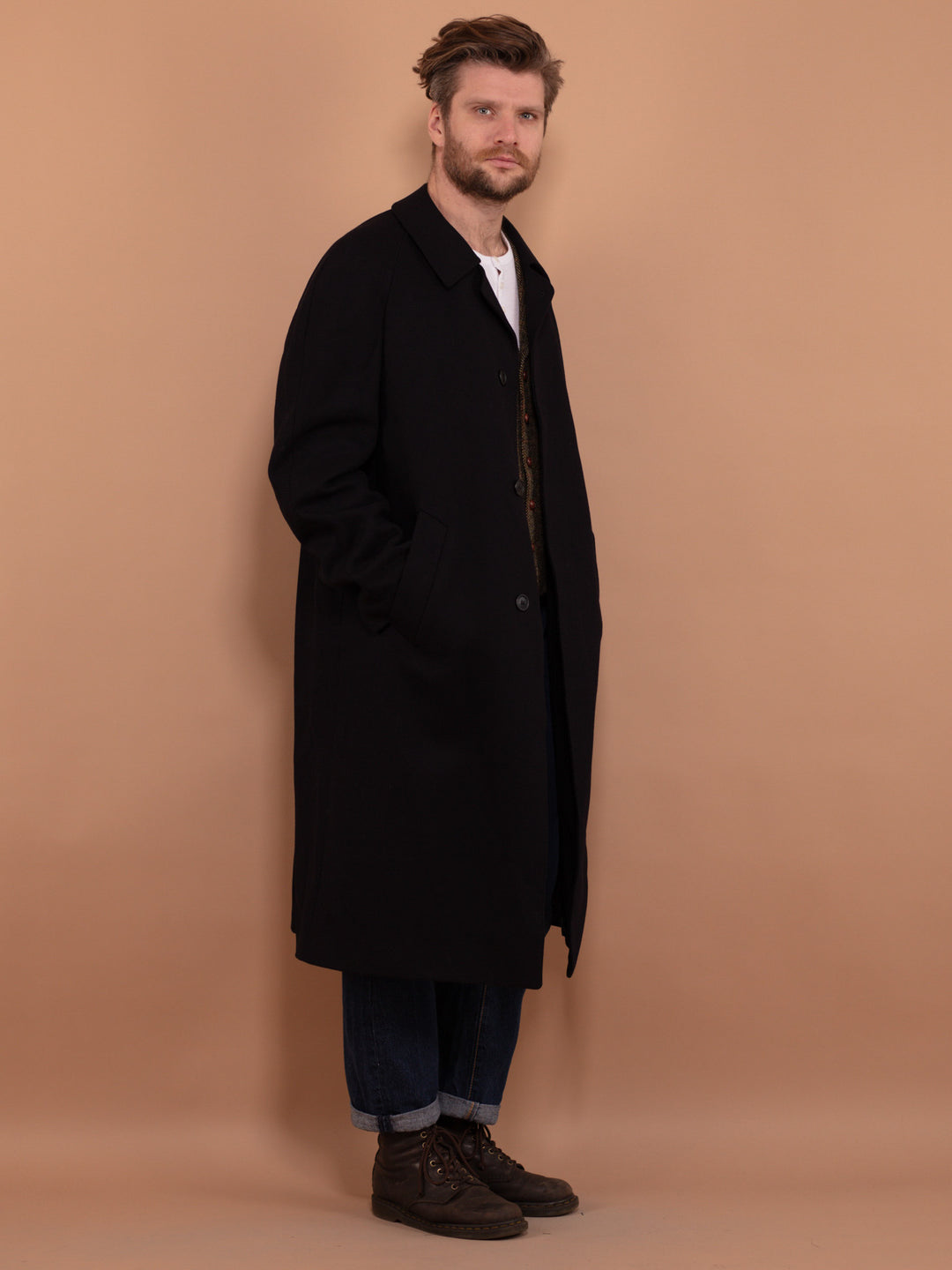 mens long wool dress coats Men's Blue Double Breasted Long Wool Coat
