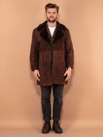 Classic Men Sheepskin Coat 70's, Size M Medium, Vintage 70s Style Coat, Dark Brown Shearling Coat, Sheep Suede Coat, Retro Winter Outerwear