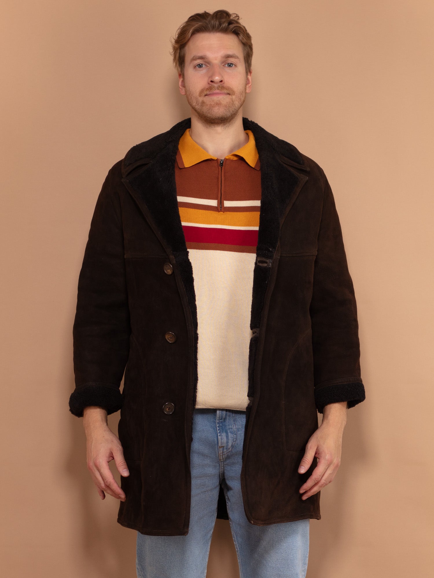 Online Vintage Store | 70's Men Sheepskin Suede Coat in Dark Brown