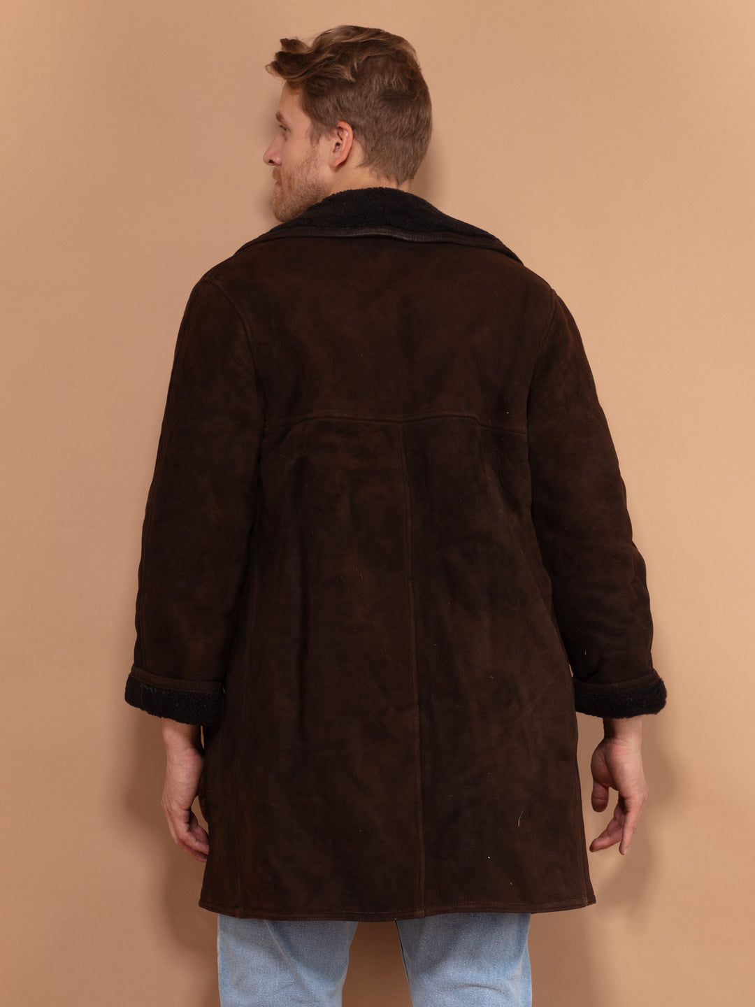 Dark Brown Sheepskin Coat 70s, Size Medium, Vintage Men Collared Coat, Suede Overcoat, Boho Winter Coat, Button Up Retro Sheep Skin Coat