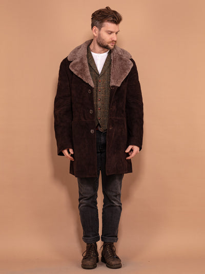 Dark Brown Sheepskin Coat 70's, Size L Large, Vintage Suede Overcoat, Men Shearling Lammy Coat, 1970s Outerwear, Classic Winter Wear