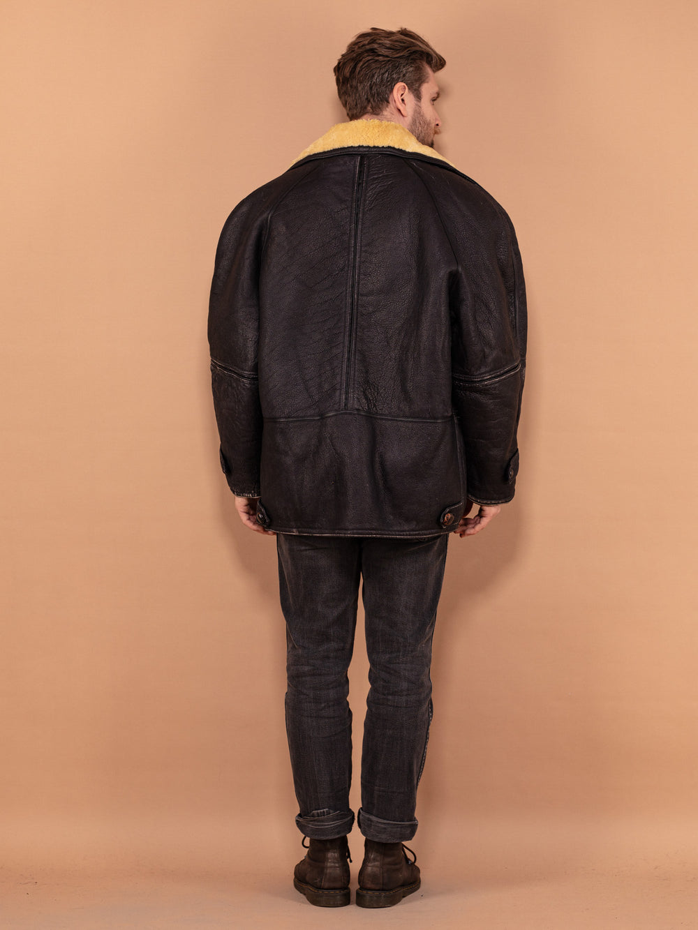 Vintage 70's Men Distressed Sheepskin Jacket in Black - NorthernGrip