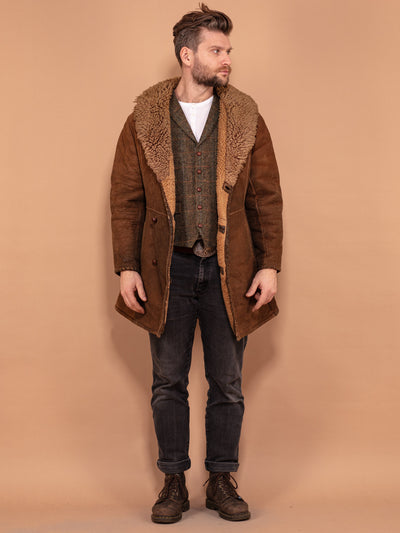 Distressed Vintage Sheepskin Coat 70s, Size S Small, Fluffy Wool Collar Winter Coat, Boho Outerwear, Warm Men Overcoat, Brown Suede Coat